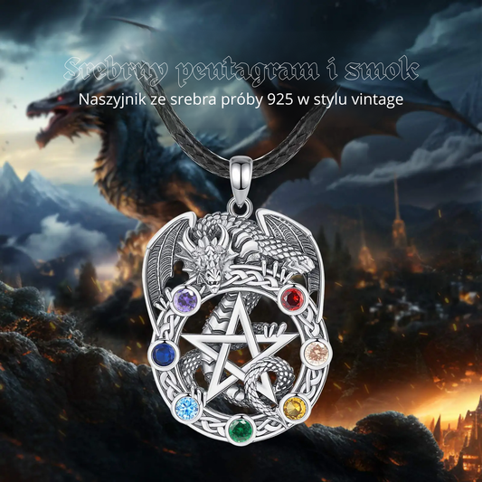 Wisiorek pentagram ze srebra zdobiony kamieniami czakralnymi z motywem smoka