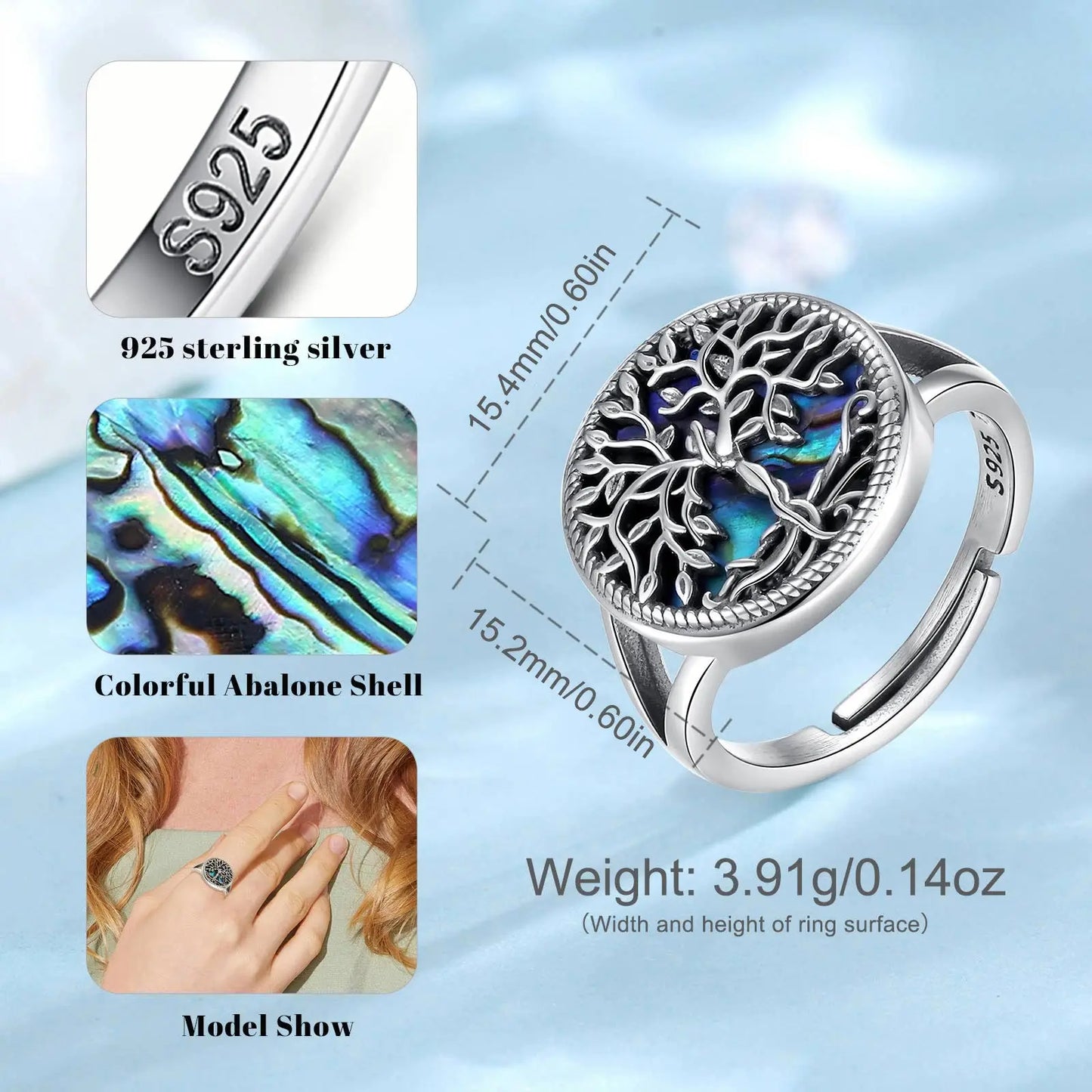 925 Sterling Silver Adjustable Tree of Life Ring