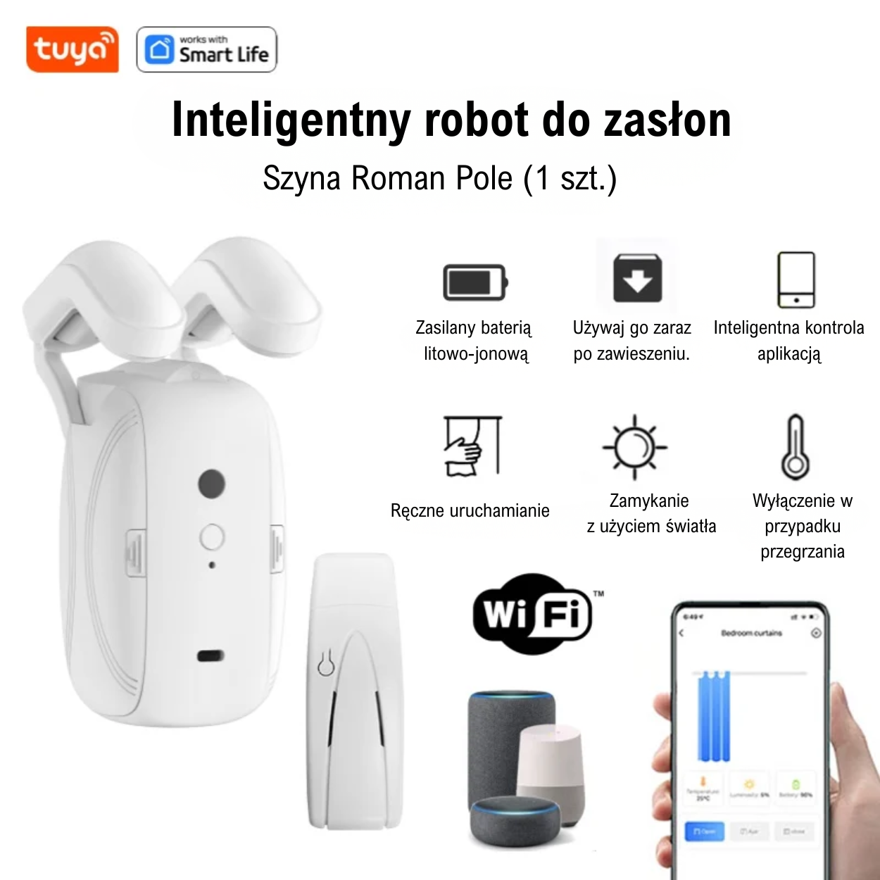 Tuya Smart Curtain Robot – Bluetooth, sterowanie aplikacją, Pull-to-Start, udźwig 8 kg