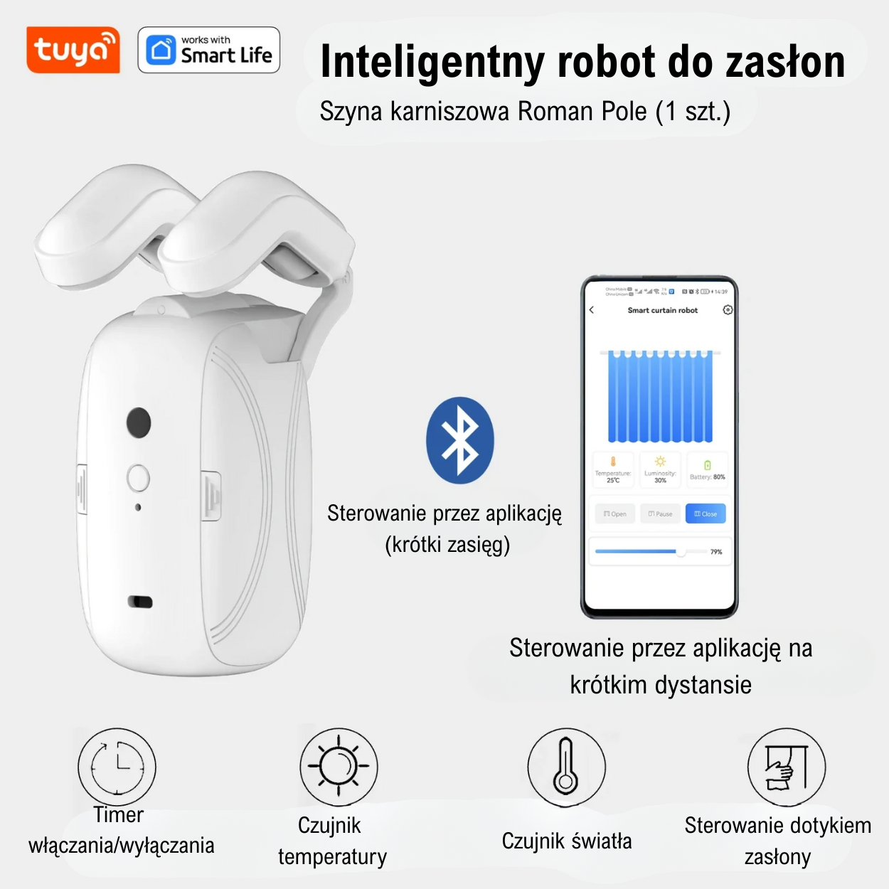 Tuya Smart Curtain Robot – Bluetooth, sterowanie aplikacją, Pull-to-Start, udźwig 8 kg