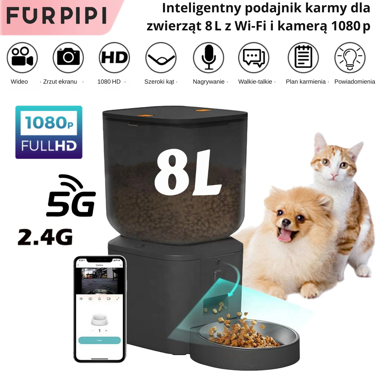 8 L Inteligentny Automatyczny Podajnik Karmy dla Kota z Kamerą 1080 p i WiFi