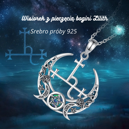 Srebro próby 925, wisiorek z pieczęcią bogini Lilith z motywem księżyca i pentagramu