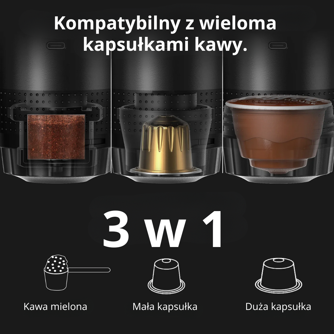 Bezprzewodowy, elektryczny, przenośny ekspres do kawy 3-w-1 – Espresso – Dolce Gusto – Nespresso