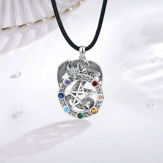 Wisiorek pentagram ze srebra zdobiony kamieniami czakralnymi z motywem smoka