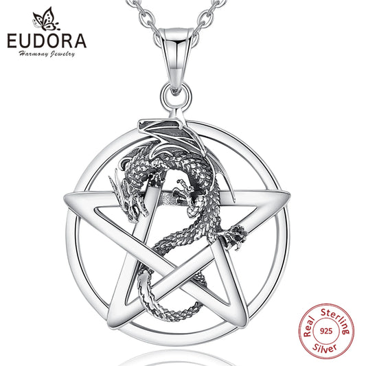 Wisiorek pentagram z motywem smoka ze srebra próby 925