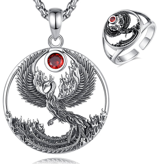Eegulowany pierścionek i naszyjnik z motywem feniksa, srebro próby 925, zestaw biżuterii vintage dla kobiet i mężczyzn